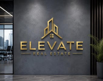 Può includere: Un'insegna tridimensionale color oro montata su una parete grigio scuro testurizzata. L'insegna presenta un'icona di edificio stilizzata sopra la parola ELEVATE in grandi lettere maiuscole, con REAL ESTATE e linee orizzontali sotto.