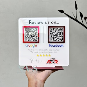 Custom Acrylic QR Code Review Sign | Google & Facebook Review Stand | Reception Desk Sign for Salon, Clinic, Spa