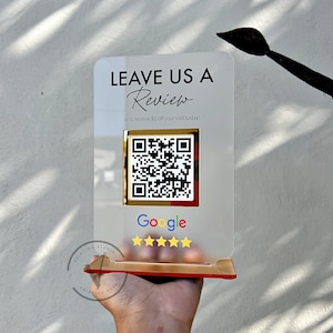 Business Review Link or Social Media QR Code in frosted acrylic backing with leave us a review on top and gold base, google QR code on the middle and google logo and 5 stars on the bottom, salon sign, Beauty Sign, Hairdressers Sign, Barcode Scan