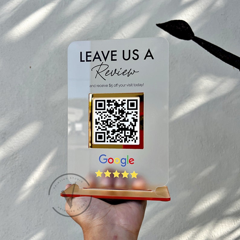 Business Review Link or Social Media QR Code in frosted acrylic backing with leave us a review on top and gold base, google QR code on the middle and google logo and 5 stars on the bottom, salon sign, Beauty Sign, Hairdressers Sign, Barcode Scan