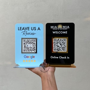 Business Review Link or Social Media QR Code in black and blue acrylic backing with leave us a review on top, google QR code on the middle and google logo and 5 stars on the bottom, salon sign, Beauty Sign, Hairdressers Beautician Sign, Barcode Scan