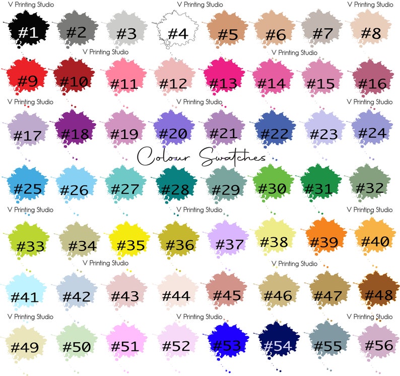 May include: A chart of 56 colour swatches, each labelled with a number from 1 to 56. The swatches are arranged in rows of eight, with the text "Colour Swatches" in the centre of the chart.