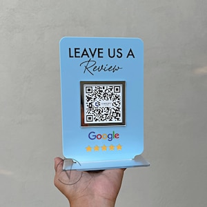 Business Review Link or Social Media QR Code in blue acrylic backing with leave us a review on top, google QR code on the middle and google logo and 5 stars on the bottom, salon sign, Beauty Sign, Hairdressers Beautician Sign, Barcode Scan