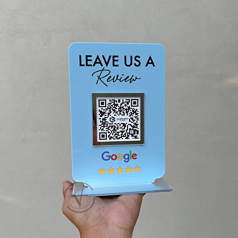 Business Review Link or Social Media QR Code in blue acrylic backing with leave us a review on top, google QR code on the middle and google logo and 5 stars on the bottom, salon sign, Beauty Sign, Hairdressers Beautician Sign, Barcode Scan