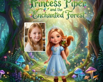May include: A personalized storybook cover titled Princess Piper and the Enchanted Forest featuring a cartoon girl with long hair wearing a blue dress and a tiara, holding a squirrel, set in a vibrant forest with glowing mushrooms and text.