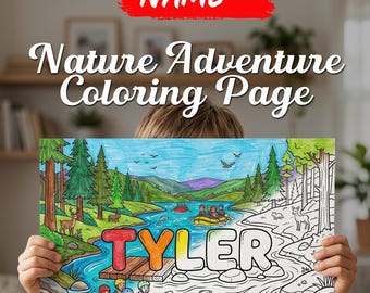 May include: A custom nature adventure coloring page featuring the name TYLER in large bubble letters. The illustration depicts a river scene with people in rafts, pine trees, mountains, and wildlife, partially colored in vibrant hues and partially in black and white line art.