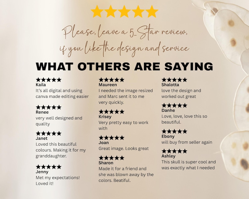 a list of positive reviews for a design and service, with each review rating the service on a scale of 5 stars. The reviews include comments on the design, quality, and overall experience.