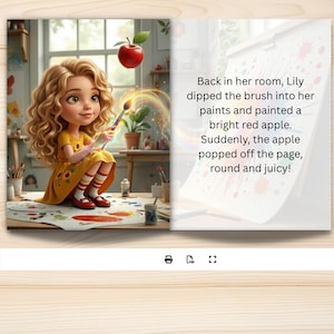 K&ouml;nnte beinhalten: Eine Kinderbuchseite mit einer Figur mit lockigem Haar in einem gelben Kleid, die einen Pinsel h&auml;lt, und einem schwebenden roten Apfel. Der Text lautet: Back in her room, Lily dipped the brush into her paints and painted a bright red apple. Suddenly, the apple popped off the page, round and juicy!