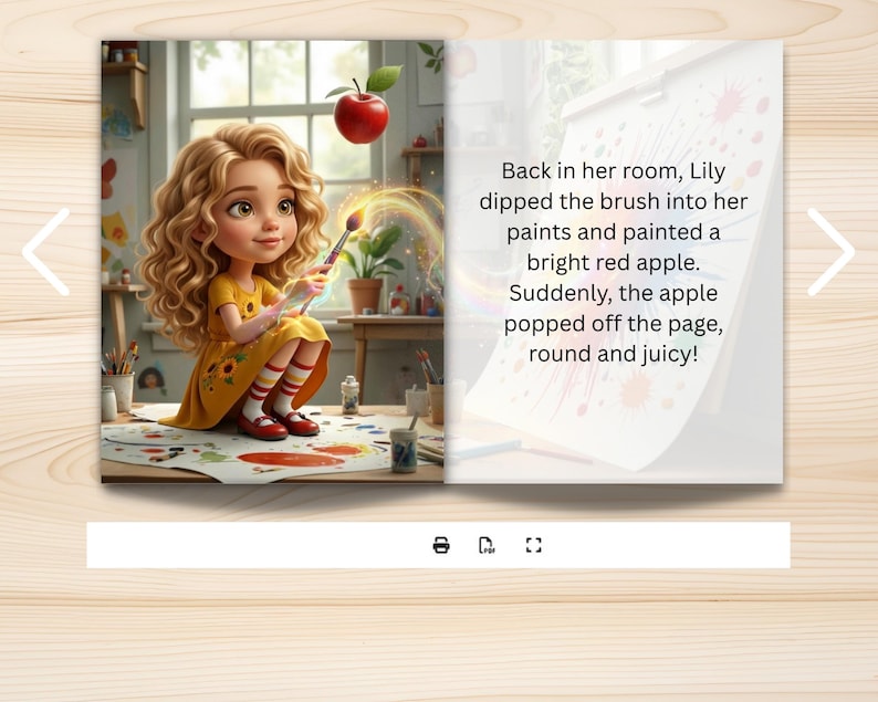 K&ouml;nnte beinhalten: Eine Kinderbuchseite mit einer Figur mit lockigem Haar in einem gelben Kleid, die einen Pinsel h&auml;lt, und einem schwebenden roten Apfel. Der Text lautet: Back in her room, Lily dipped the brush into her paints and painted a bright red apple. Suddenly, the apple popped off the page, round and juicy!