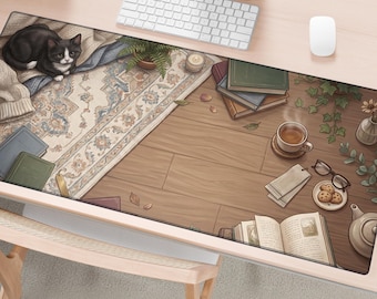 May include: A rectangular desk mat featuring a split-scene illustration. One side shows a black and white cat resting on a patterned rug with books and a plant. The other side depicts a wooden floor with a steaming cup of tea, cookies, glasses, and an open book.