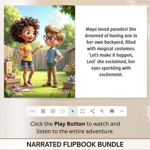 The image is a collage of two images, one depicting a young girl with curly hair and the other showing a young boy with glasses standing in a backyard. The text accompanying the images describes a story about a girl who loved having a magical costume and a boy who explained that her eyes were sparkling with excitement.