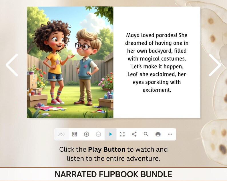 The image is a collage of two images, one depicting a young girl with curly hair and the other showing a young boy with glasses standing in a backyard. The text accompanying the images describes a story about a girl who loved having a magical costume and a boy who explained that her eyes were sparkling with excitement.