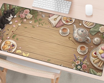 May include: A rectangular desk mat featuring a light brown wood grain surface with a black and white kitten, floral arrangements, a teapot, teacups, plates of pastries, sandwiches, and macarons, all arranged in a tea party scene.