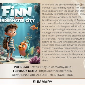 The image is a promotional poster for the animated film "Finn and the Secret Underwater City". The poster features the main characters Finn and Coral, along with various underwater scenes and elements. The text on the poster provides information about the film, including the title, the story, and the characters.
