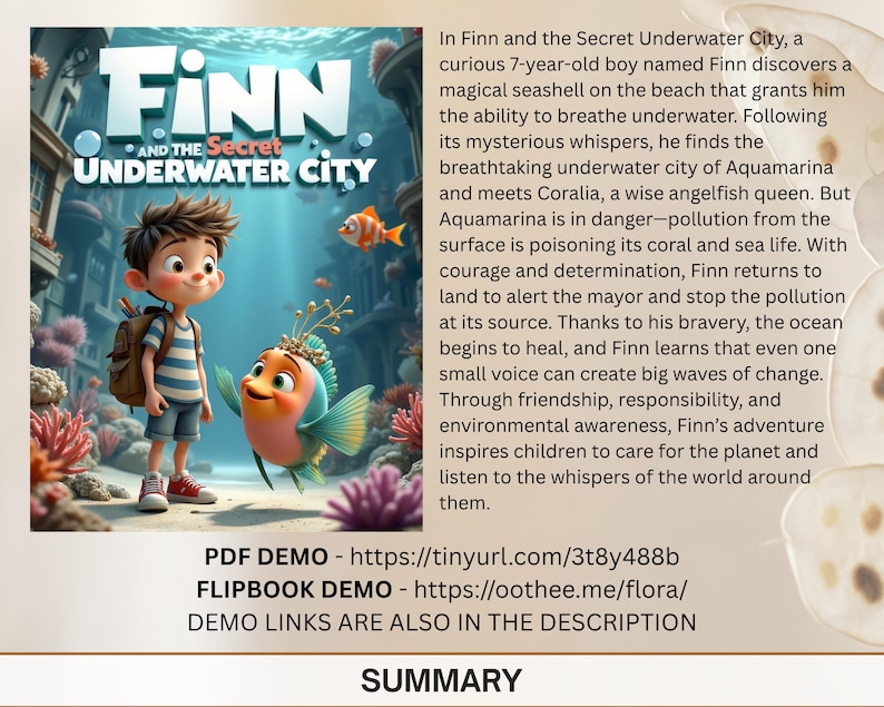 The image is a promotional poster for the animated film "Finn and the Secret Underwater City". The poster features the main characters Finn and Coral, along with various underwater scenes and elements. The text on the poster provides information about the film, including the title, the story, and the characters.