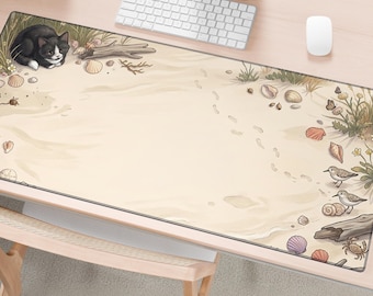 Custom Cat Desk Mat, Personalized Cat Mouse Pad, Beach Gaming Mouse Pad, Coastal Desk Mat, Seashell Mouse Pad, Cat Lover Gift