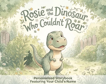 May include: A personalized storybook cover titled Rosie and the Dinosaur Who Couldn't Roar, featuring a green cartoon dinosaur standing in a garden with foliage, flowers, and a wooden fence, with the text Personalized Storybook Featuring Your Child's Name.