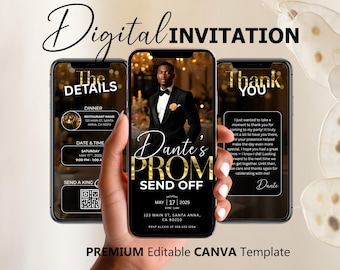 Prom Send Off Digital Invitation, Black Gold Boys Editable Flyer Template, King Prom Party Invite, Men DIY Graduation Celebration Animated