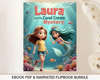 May include: A book cover illustration featuring two cartoon girls, one with brown hair and the other a mermaid with teal hair. The title reads "Laura and the Coral Crown Mystery" in red letters. The background depicts an underwater scene with coral and fish.