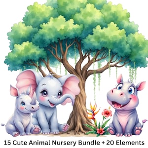 15 Clipart animaux de safari, art de la chambre d'enfant, clipart animaux de la jungle, animal aquarelle mignon, animaux de la jungle, téléchargement numérique, usage Commercial