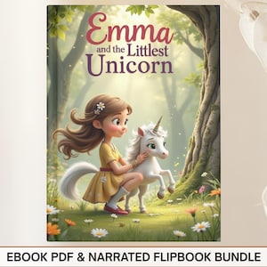 Puede incluir: Portada de libro infantil que muestra a una niña con un vestido amarillo montada en un unicornio blanco en un entorno de bosque. El título "Emma and the Littlest Unicorn" se muestra en una fuente caprichosa. La imagen tiene un estilo suave e ilustrado con un enfoque en la fantasía y la narración.