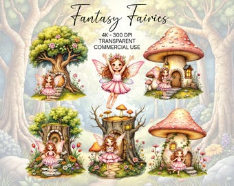 May include: Watercolor illustration featuring fantasy fairies and fairy houses. The image includes several scenes with fairies in pink dresses, mushroom houses, and tree houses. The text "Fantasy Fairies" is at the top.
