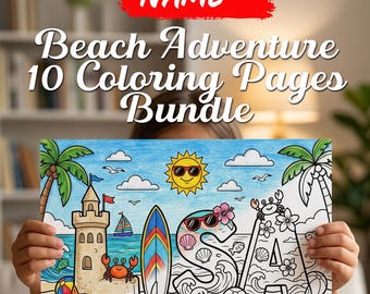 May include: A coloring page featuring a beach scene with a sandcastle, surfboard, and the name LISA in large letters. The design includes a sun with sunglasses, palm trees, crabs, seashells, and beach toys. The text reads CUSTOM NAME Beach Adventure 10 Coloring Pages Bundle.