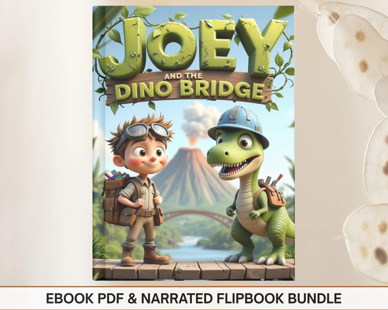 The image is a promotional poster for an e-book and a narrated flipbook bundle titled " Joey and the Dinosaur Bridge". The poster features two cartoon characters, a boy and a dinosaur, standing on a bridge with a volcano in the background.