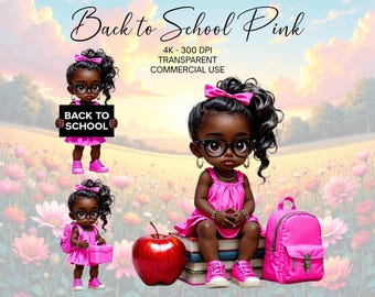 Back to School Black Girl Clipart, Little Black Girl in Pink PNG, Birthday Party Decor, Cute Back to School Clipart, Digital Download