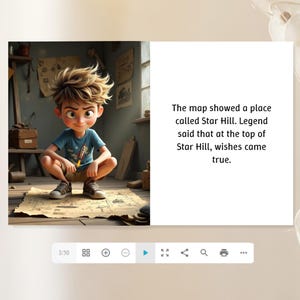 a cartoon character, a young boy with spiky hair, sitting on a map and holding a pencil.