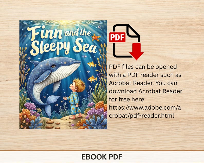 May include: A children's book cover titled "Finn and the Sleepy Sea" features a blue whale, a young boy in pajamas, and underwater flora. The image includes the text "EBOOK PDF" and a PDF icon with a downward arrow.