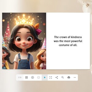 The image is a collage of three images depicting a young girl wearing a crown, with a caption stating "The crown of kindness was the most powerful costume of all."