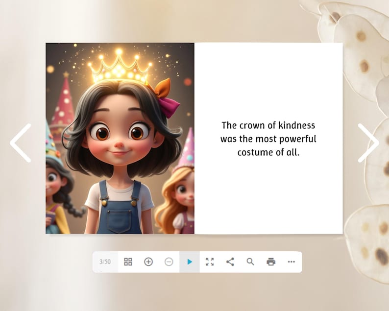 The image is a collage of three images depicting a young girl wearing a crown, with a caption stating "The crown of kindness was the most powerful costume of all."
