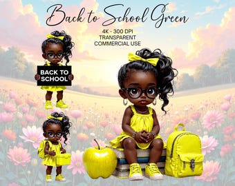 Back to School Black Girl Clipart, Little Black Girl in Yellow PNG, Birthday Party Decor, Cute Back to School Clipart, Digital Download