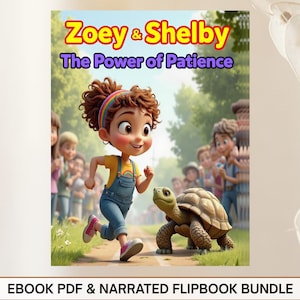 May include: A children's book cover featuring the title "Zoey & Shelby: The Power of Patience." An animated girl in overalls runs alongside a turtle. The background shows other children and trees. The bottom of the image reads "EBOOK PDF & NARRATED FLIPBOOK BUNDLE."