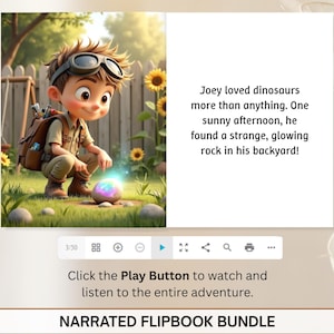 The image is a collage of two images. The first image shows a young boy with glasses and a backpack, kneeling on the grass and holding a glowing orb. The second image depicts a backyard scene with a tree, flowers, and a rock. The text overlay provides a narrative about the boy's adventure with dinosaurs, describing how he found a glowing rock in his backyard.