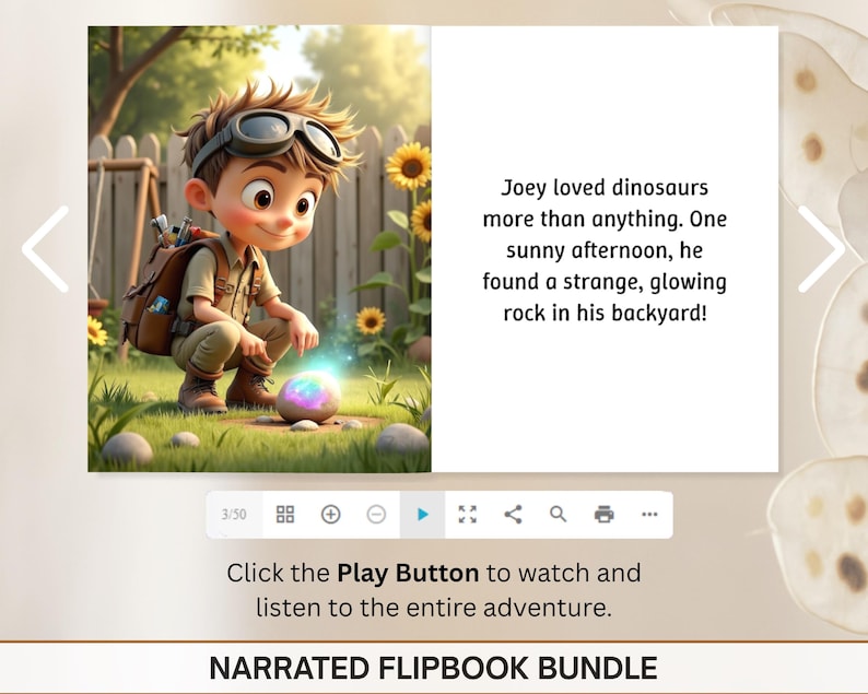 The image is a collage of two images. The first image shows a young boy with glasses and a backpack, kneeling on the grass and holding a glowing orb. The second image depicts a backyard scene with a tree, flowers, and a rock. The text overlay provides a narrative about the boy's adventure with dinosaurs, describing how he found a glowing rock in his backyard.