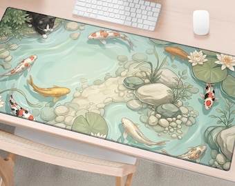 May include: A rectangular desk mat featuring a pond scene with multiple koi fish in shades of orange, white, and gold, green lily pads, white lotus flowers, smooth river stones, and a black and white cat peering into the water from the edge.