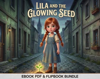 May include: A digital illustration titled Lila and the Glowing Seed featuring a young person with red braided hair wearing a blue dress and brown boots standing on a cobblestone street with a small glowing plant. Text reads EBOOK PDF & FLIPBOOK BUNDLE.