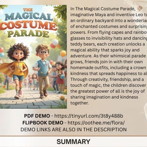 The image is a promotional poster for the animated film "The Magical Costume Parade". It features two children, one wearing a yellow cape and the other a blue shirt, walking down a path surrounded by other children and various costumes. The poster also includes text describing the film's content and the magical abilities of the characters.