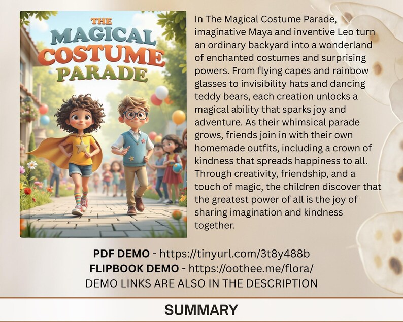 The image is a promotional poster for the animated film "The Magical Costume Parade". It features two children, one wearing a yellow cape and the other a blue shirt, walking down a path surrounded by other children and various costumes. The poster also includes text describing the film's content and the magical abilities of the characters.