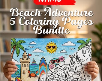 May include: A coloring page featuring a beach scene with a sandcastle, a surfboard, and the name LISA in large letters decorated with flowers and waves. The scene includes a sun with sunglasses, palm trees, crabs, seashells, and beach toys.