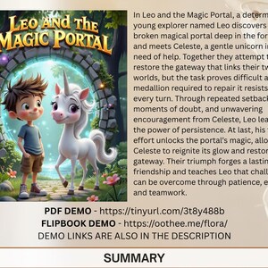 May include: A book cover for "Leo and the Magic Portal" featuring a young boy and a white unicorn standing before a glowing portal. The title is in gold lettering. The image has a fantasy theme.