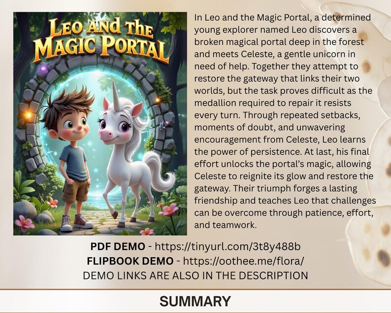 May include: A book cover for "Leo and the Magic Portal" featuring a young boy and a white unicorn standing before a glowing portal. The title is in gold lettering. The image has a fantasy theme.