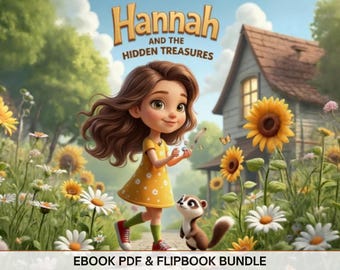 May include: A digital book cover titled Hannah and the Hidden Treasures featuring a cartoon girl with long brown hair in a yellow floral dress and red sneakers standing in a field of sunflowers and daisies with a small ferret and a house.
