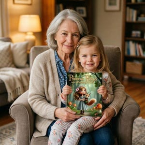 An older woman and a young girl are sitting together in a living room, with the older woman holding a book that the girl is holding.