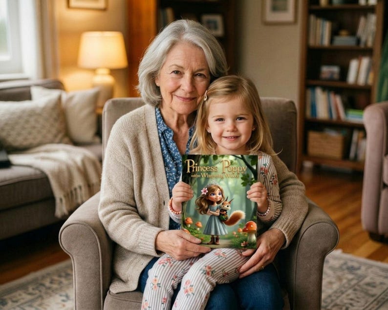 An older woman and a young girl are sitting together in a living room, with the older woman holding a book that the girl is holding.