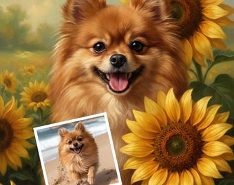 May include: A smiling, fluffy, brown Pomeranian dog with a happy expression, surrounded by large yellow sunflowers. A smaller image of the dog running on a beach is in the foreground. The background is a field of sunflowers.