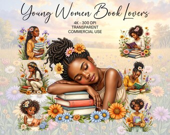 Black Girl Clipart Bundle, Black Girl Magic, Book Lovers, Afrogirls Png, Young Women Png, Bookworm Booktrovert Bookish Png, Book Club