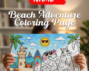 May include: A coloring page titled Beach Adventure Coloring Page with Custom Name text at the top. The illustration features a sandcastle, a surfboard, and the letters L, S, and A decorated with ocean motifs, shells, flowers, and a sun wearing sunglasses.